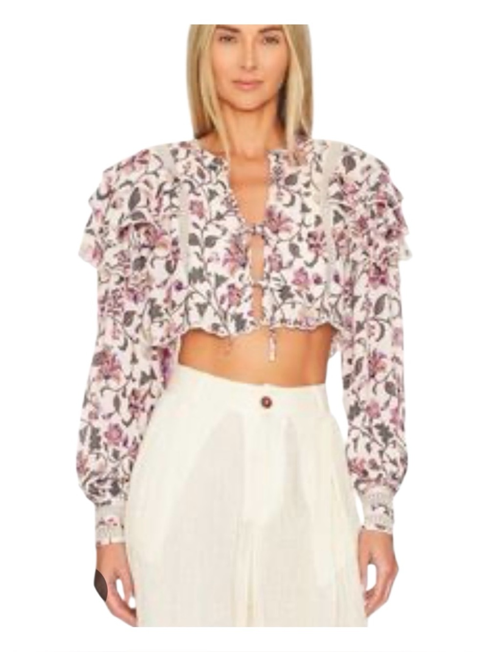 Tularosa Floral Print Ruffle Sleeve Tie Front Cropped Blouse Large